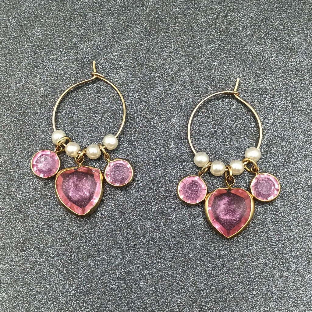 Pierced Earrings Gold tone Wire Faux Pearl Pink Faceted Acrylic Hoop 1 1/2"