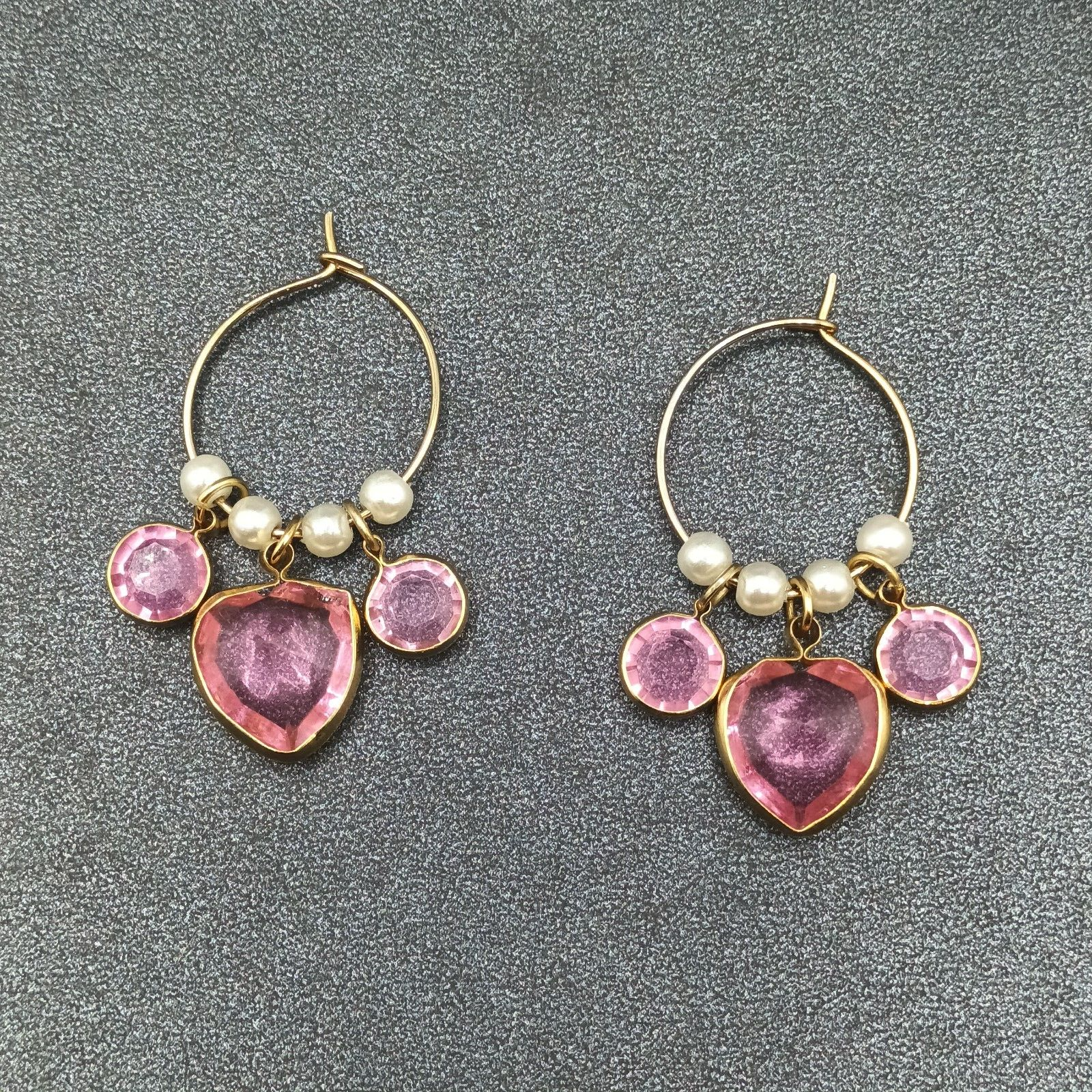 Pierced Earrings Gold tone Wire Faux Pearl Pink Faceted Acrylic Hoop 1 1/2"