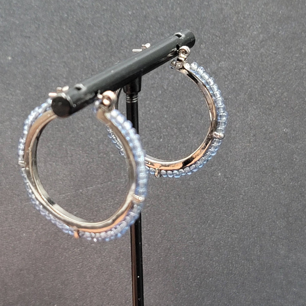 Pierced Earrings Black Metal Blue Seed Bead Hoops 1"