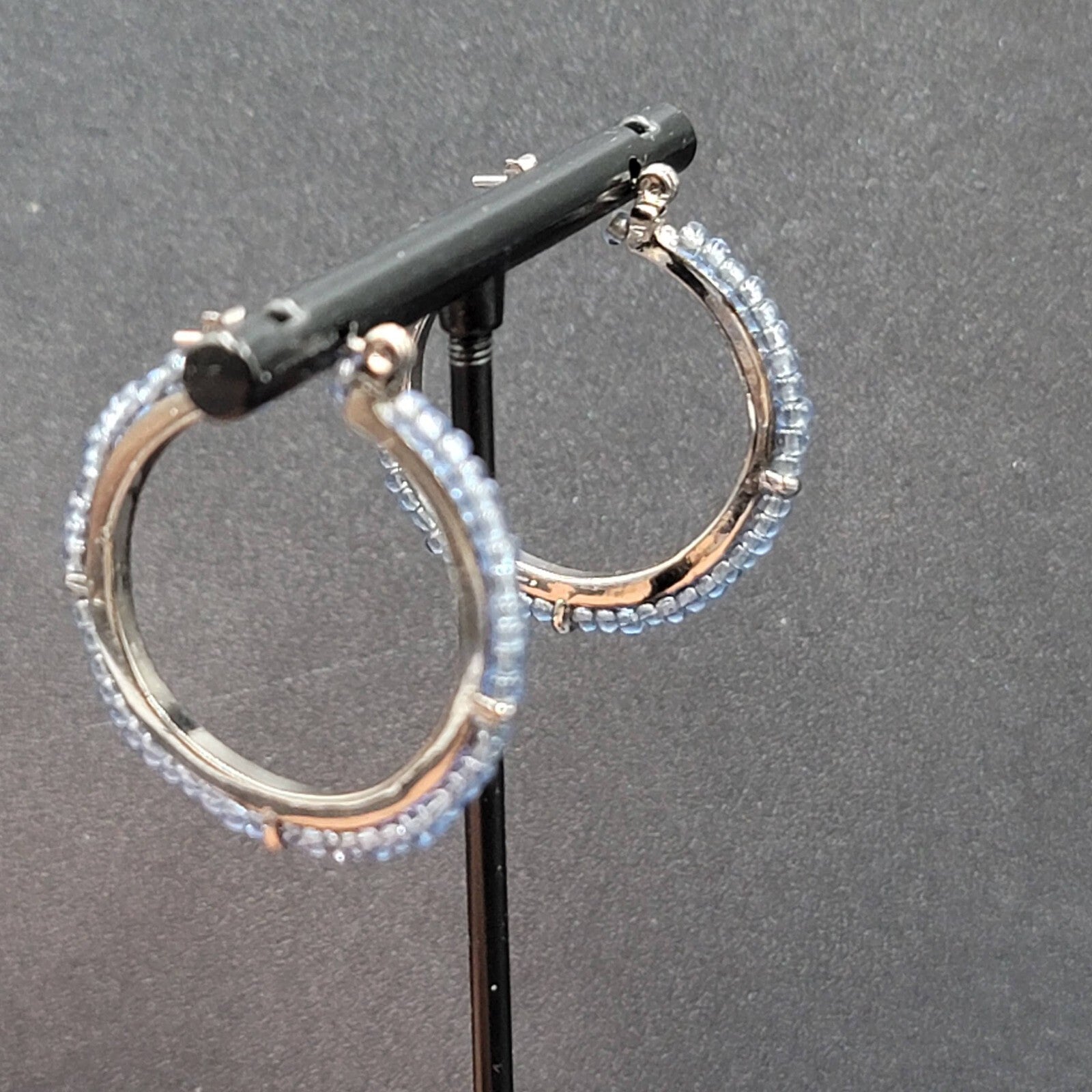 Pierced Earrings Black Metal Blue Seed Bead Hoops 1"