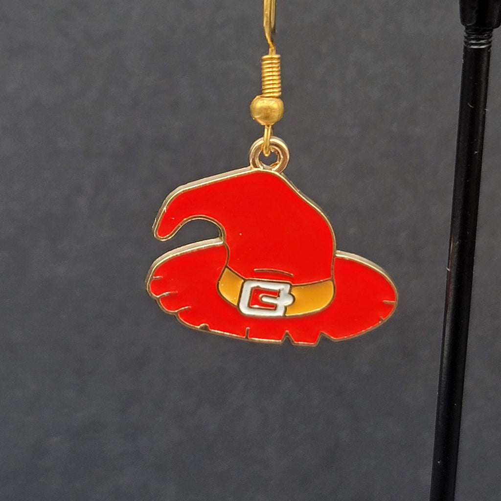 Halloween Pierced Earrings Red Witches Hat Enamel Gold tone Enamel Dangle 7/8
