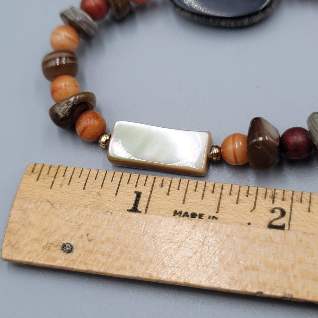 Stone Bead Necklace Abalone Shell Brown Orange Red Long 32"