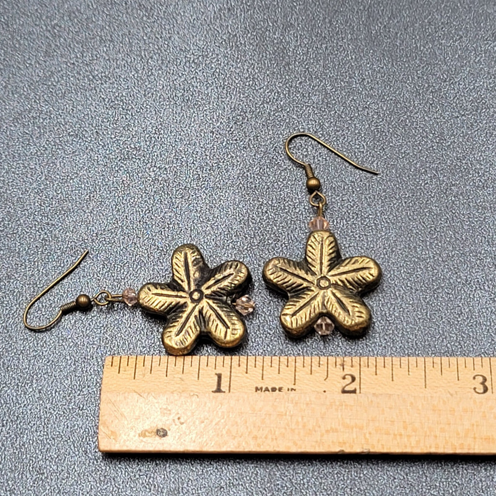 Flower Pierced Earrings Gold tone Pink Crystal Bead Dangle 1"