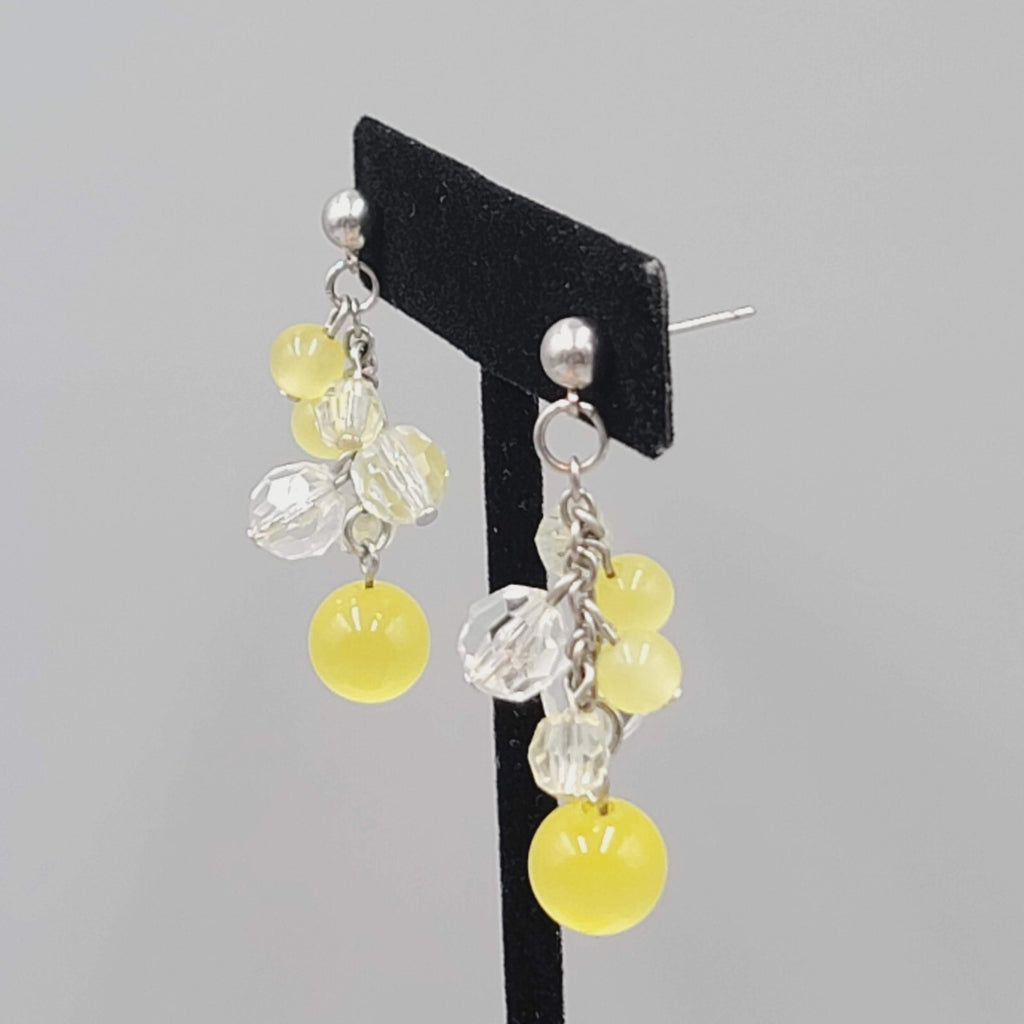 Pierced Earrings Silver tone Yellow Glass Bead Dangle 1.75"