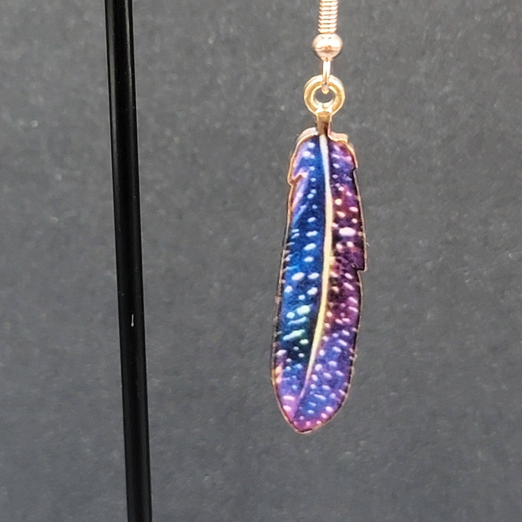 Metal Feather Pierced Earrings Blue Purple White Specks Gold tone Dangle 1.5"