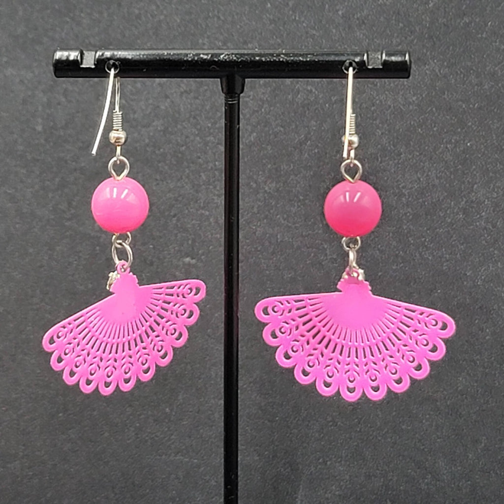 Pierced Earrings Hot Pink Enamel over Metal Fan Bead Dangle 1.75"