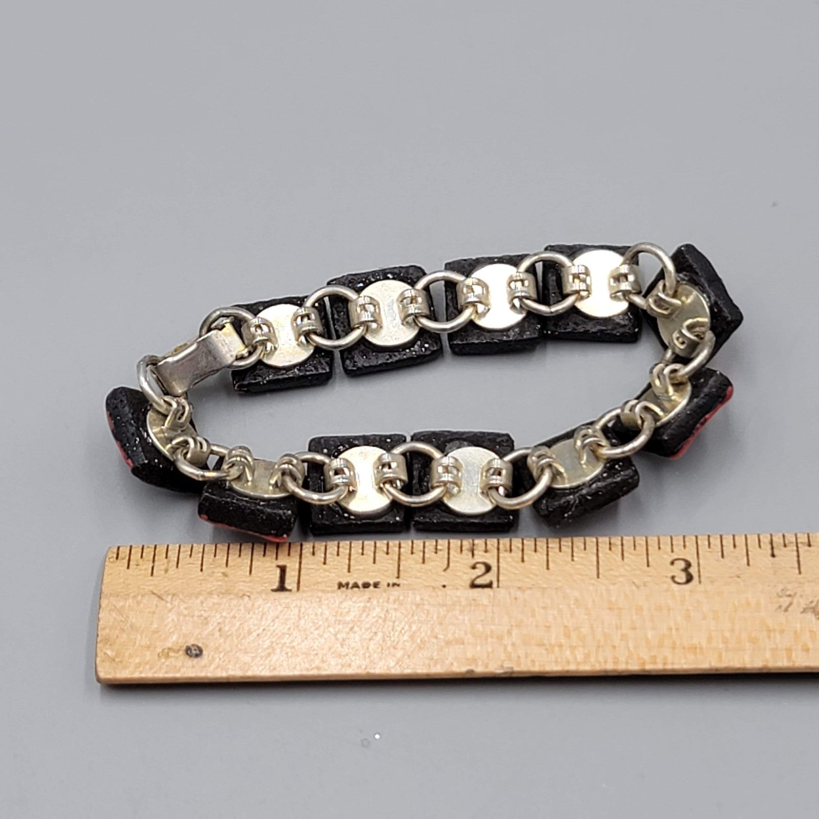 Vintage Artisan Link Bracelet Red Polymer Geometric Squares Silver Tone 7"
