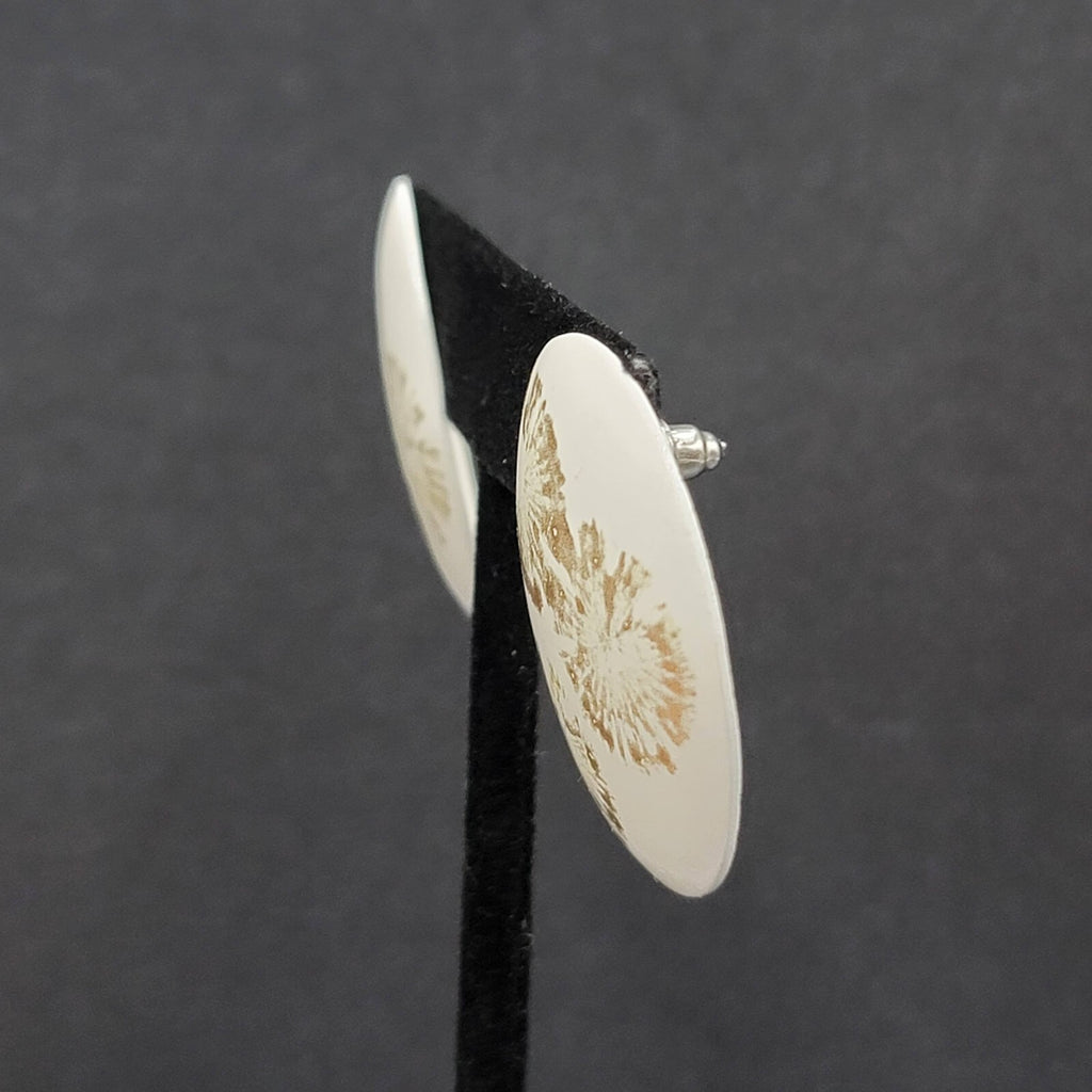 Vintage Pierced Earrings White Enamel over Metal Oval Gold Flowers Drop 1 3/8"