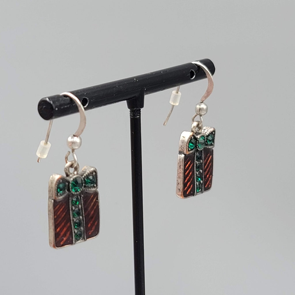 Christmas Present Pierced Earrings Enamel Rhinestone Silver tone Dangle 3/4"