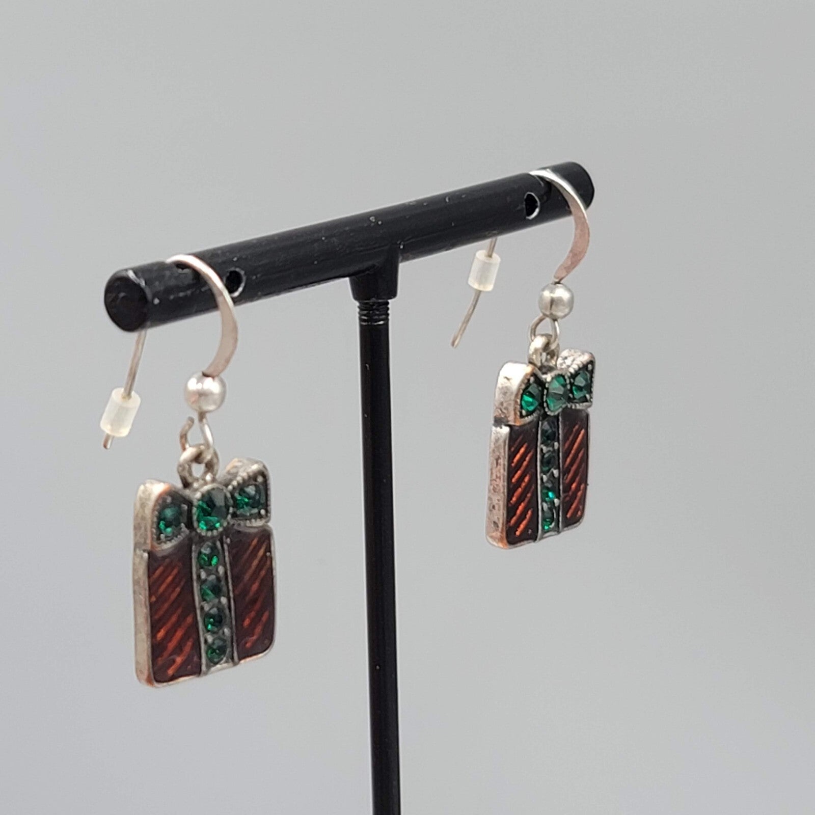 Christmas Present Pierced Earrings Enamel Rhinestone Silver tone Dangle 3/4"