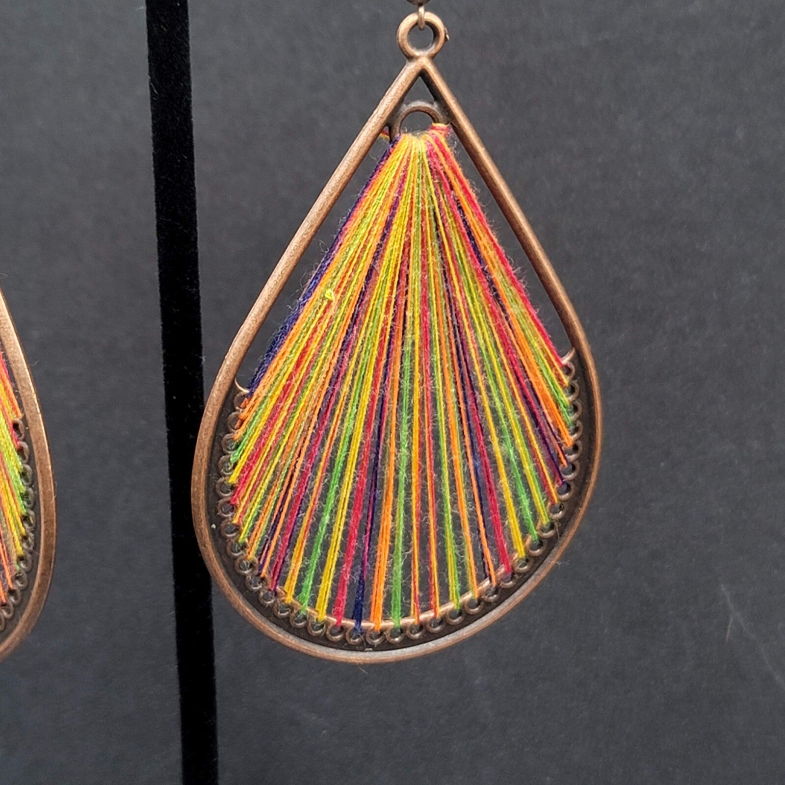 New Boho Pierced Earrings Copper tone Rainbow Threaded Dangle Teardrop 2.75"