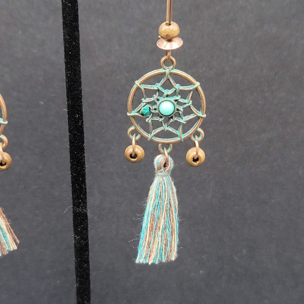 New Boho Pierced Earrings Copper tone Dreamcatcher Wood Bead Blue Tassel 2"