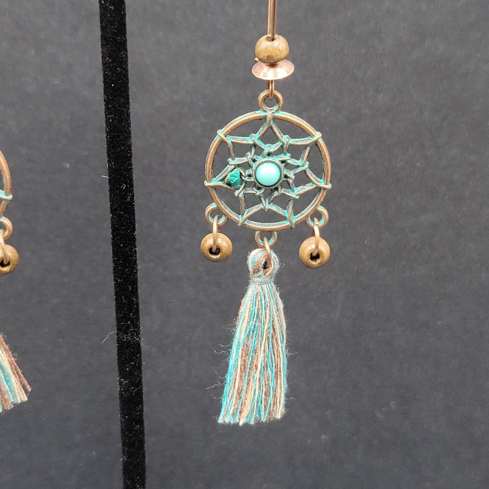 New Boho Pierced Earrings Copper tone Dreamcatcher Wood Bead Blue Tassel 2"
