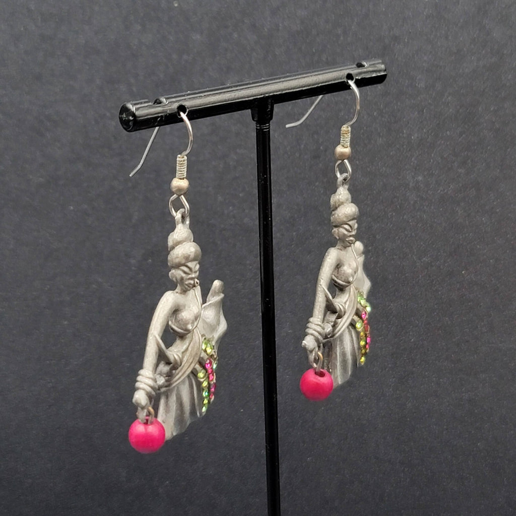 Vintage Dancer Pierced Earrings Lady Pewter Rhinestone 1.75"
