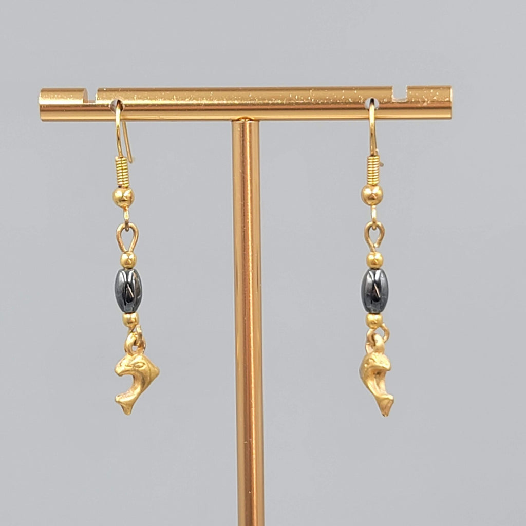 Vintage Dolphin Pierced Earrings Gold tone Hematite Stone Dangle 1 1/8"