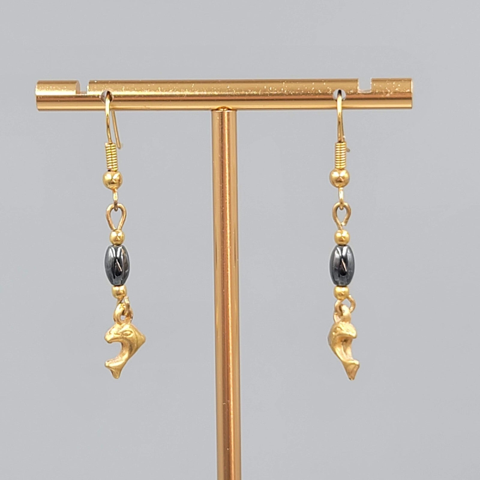 Vintage Dolphin Pierced Earrings Gold tone Hematite Stone Dangle 1 1/8"