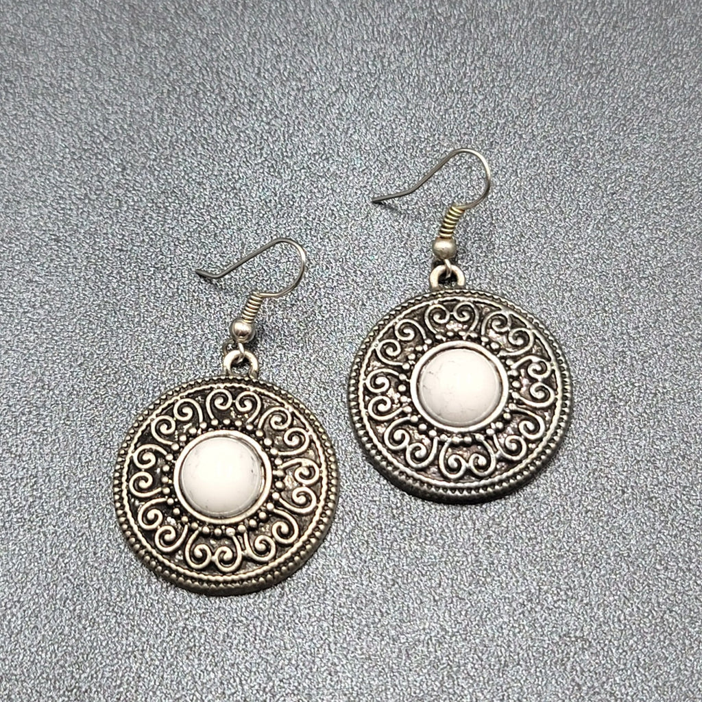 Pierced Earrings Silver tone Medallion Dangle White Center Accent  1"