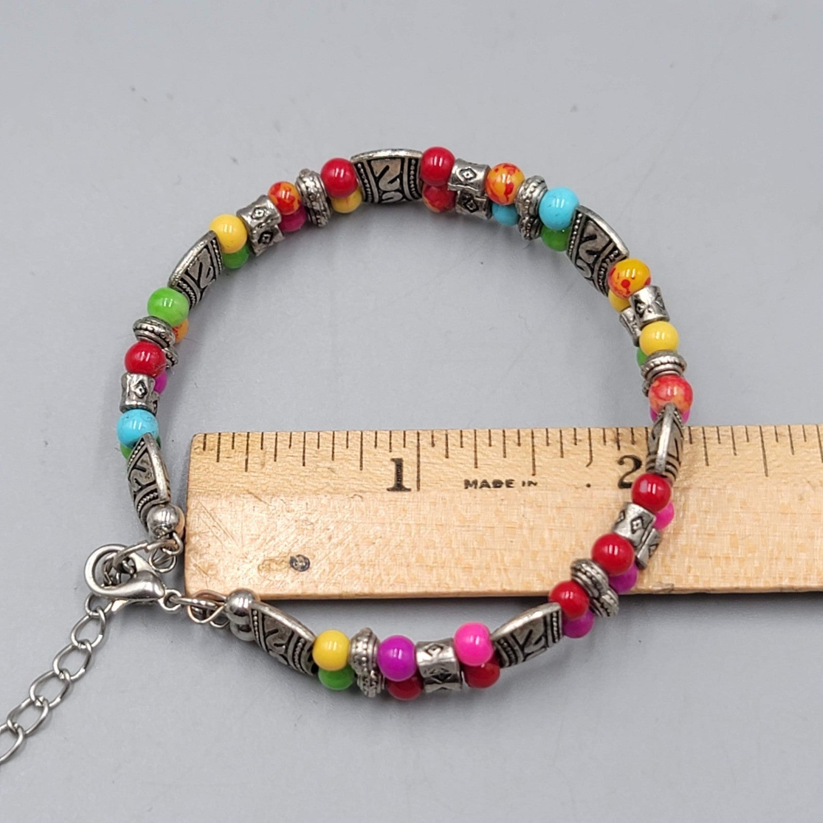 Bright Multicolor Bead Bracelet Silver tone Adjustable 7" - 8"