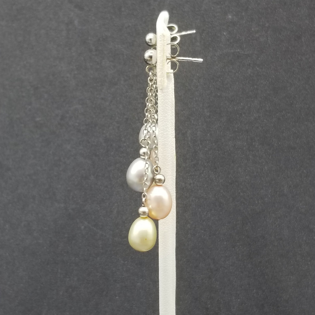 Pierced Earrings Sterling Chain Multicolor Pearl Dangle 1 3/4"
