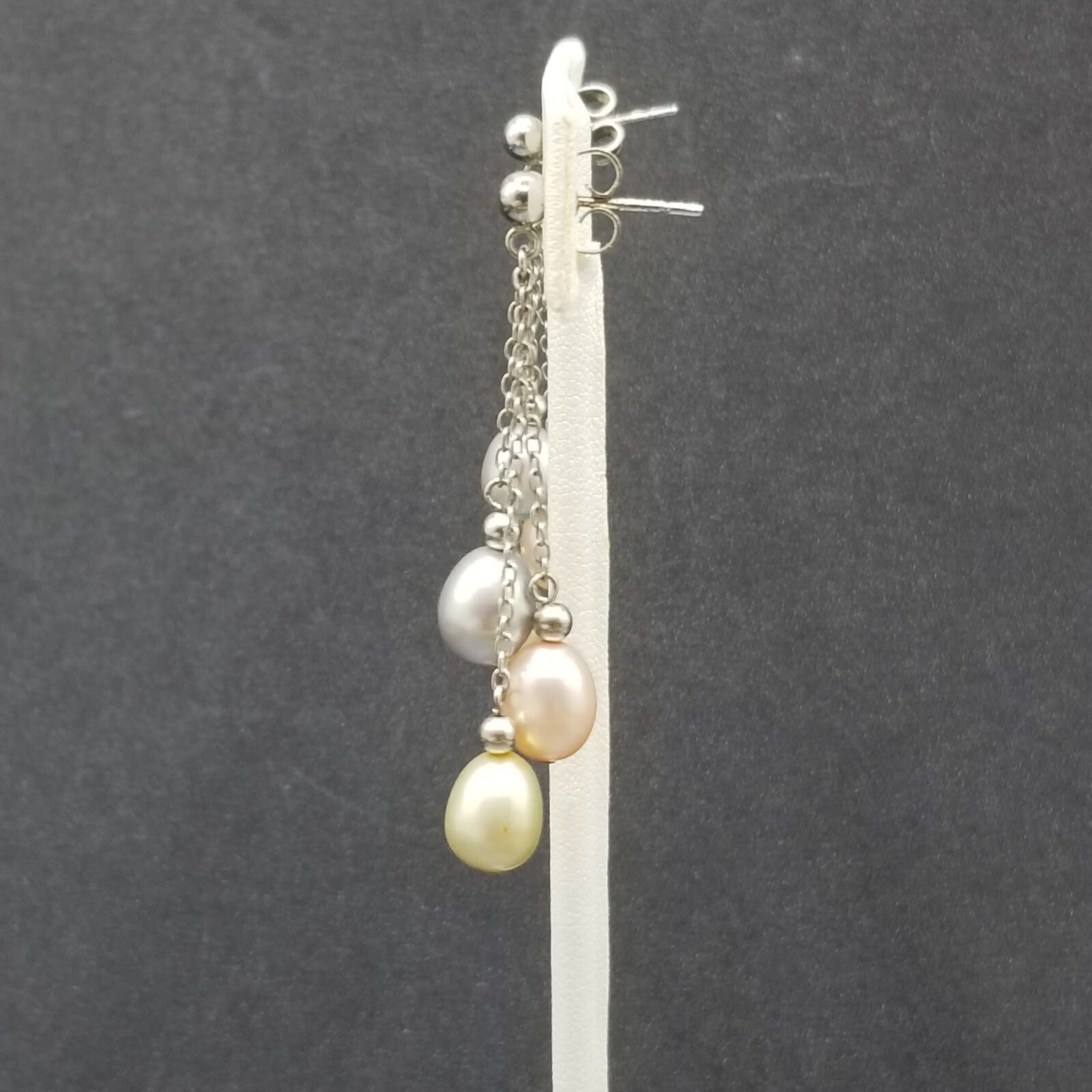Pierced Earrings Sterling Chain Multicolor Pearl Dangle 1 3/4"