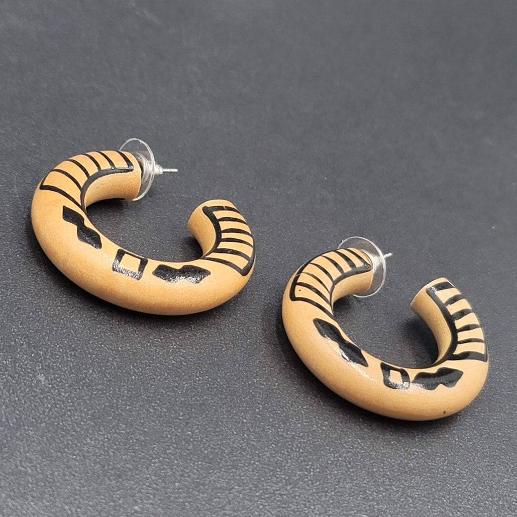 Vintage Pierced Earrings Wood Hoops Hand Painted Black 1 3/8"