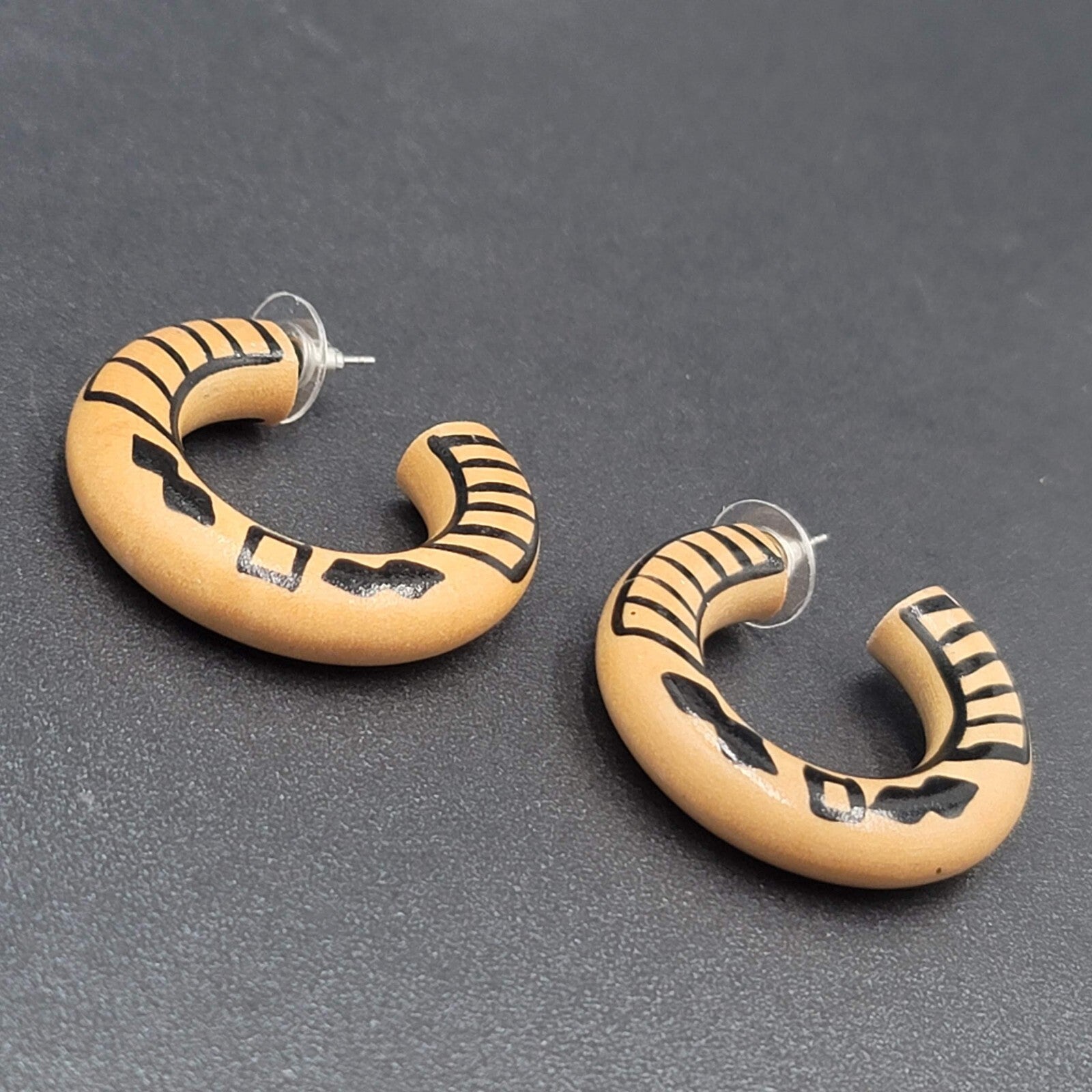 Vintage Pierced Earrings Wood Hoops Hand Painted Black 1 3/8"