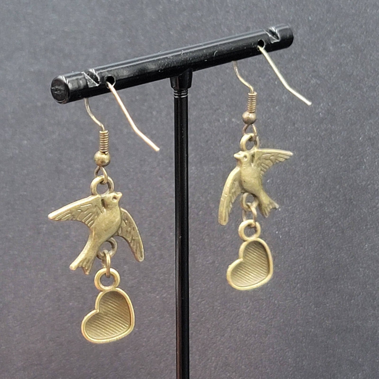 Birds Heart Pierced Earrings Bronze tone Dangle 1.25"