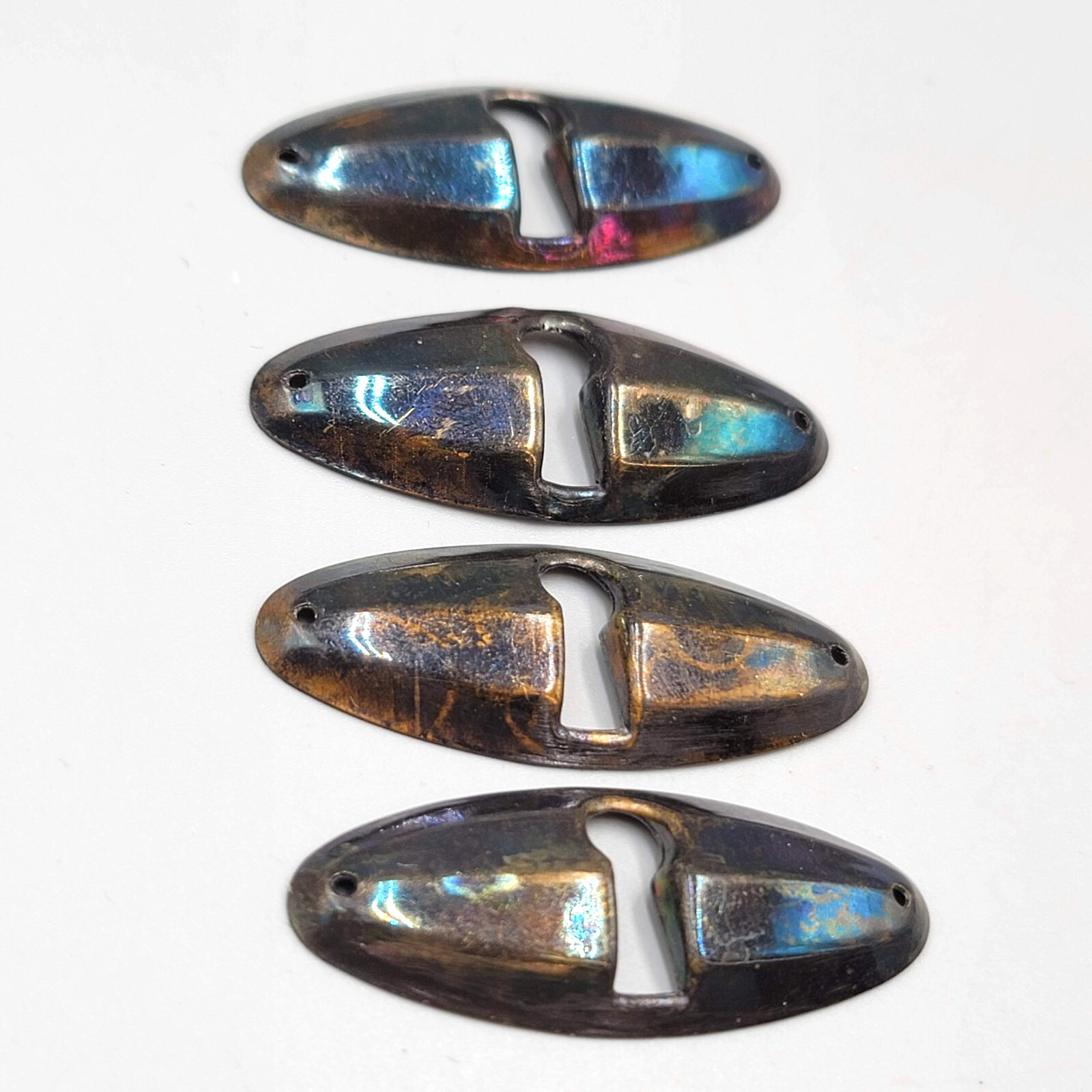 Vintage Skeleton Key hole Escutcheon Lot of 4 Hardware Iridescent Black