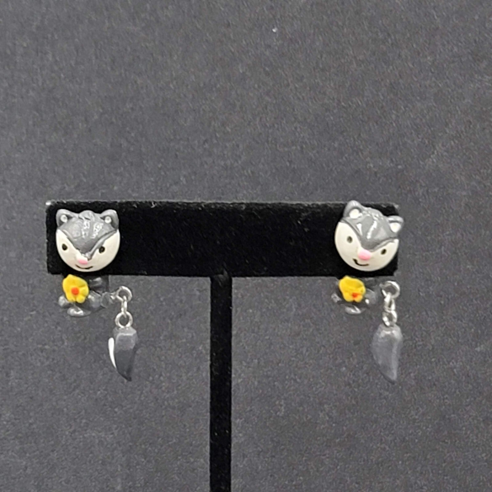 Vintage Pierced Earrings Gray Hand Painted 3D Skunk Dangle 1.25"