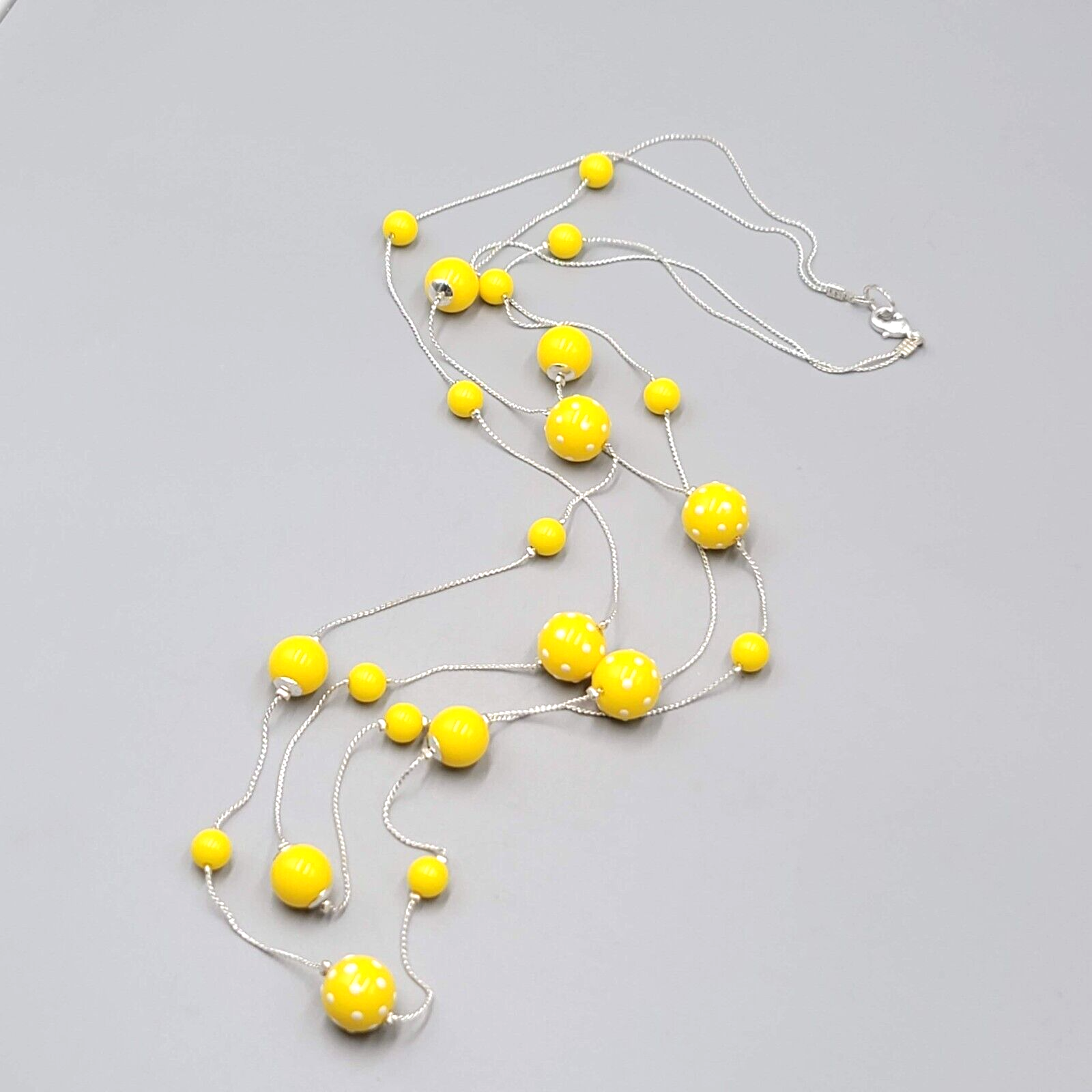Yellow Bead Long Necklace Silver tone White Polka Dots 30" Double Strand Station