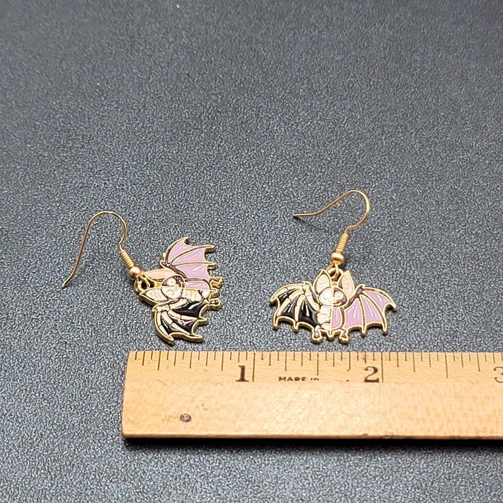 Zombie Bat Pierced Earrings Halloween Half Skeleton Enamel Dangle 3/4"