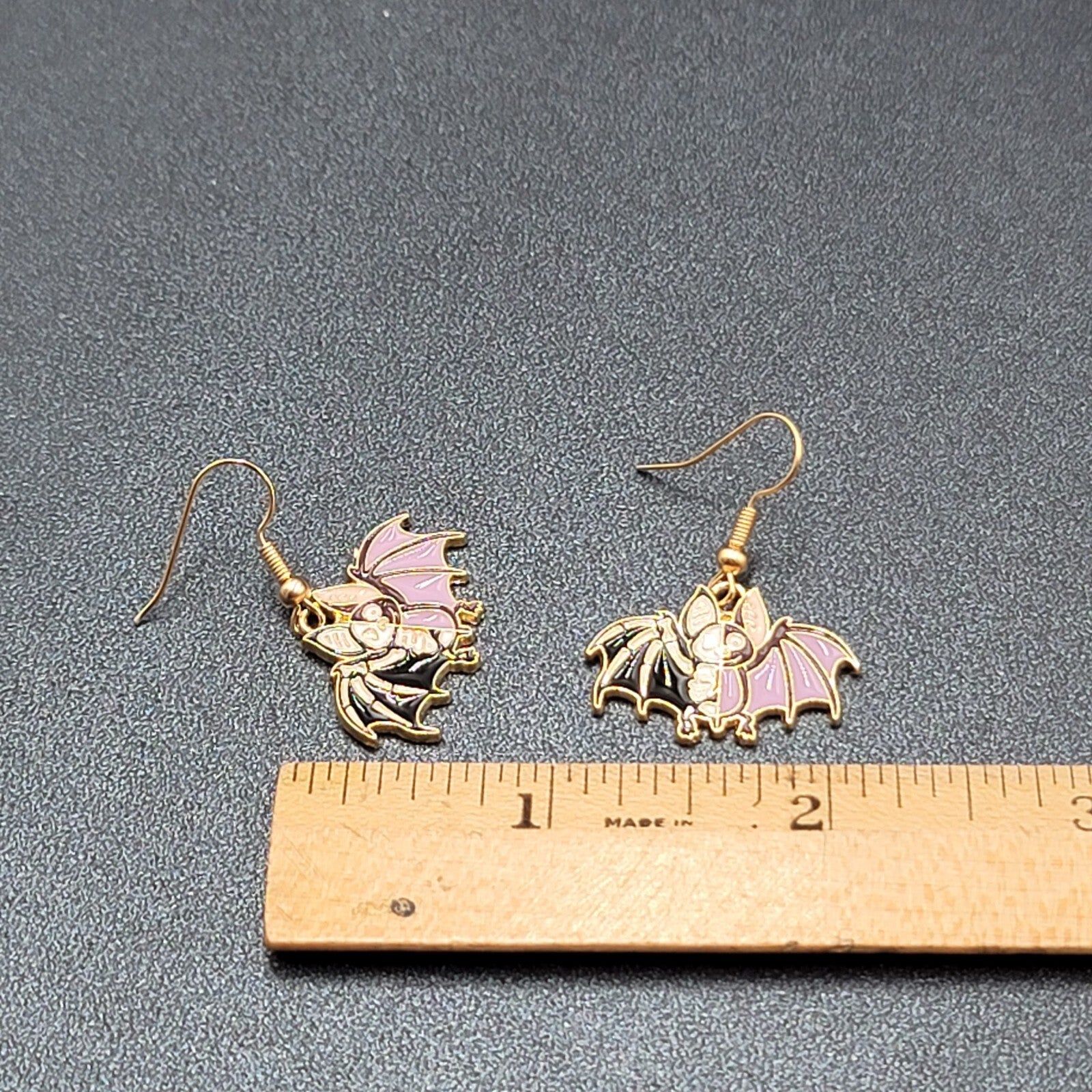Zombie Bat Pierced Earrings Halloween Half Skeleton Enamel Dangle 3/4"