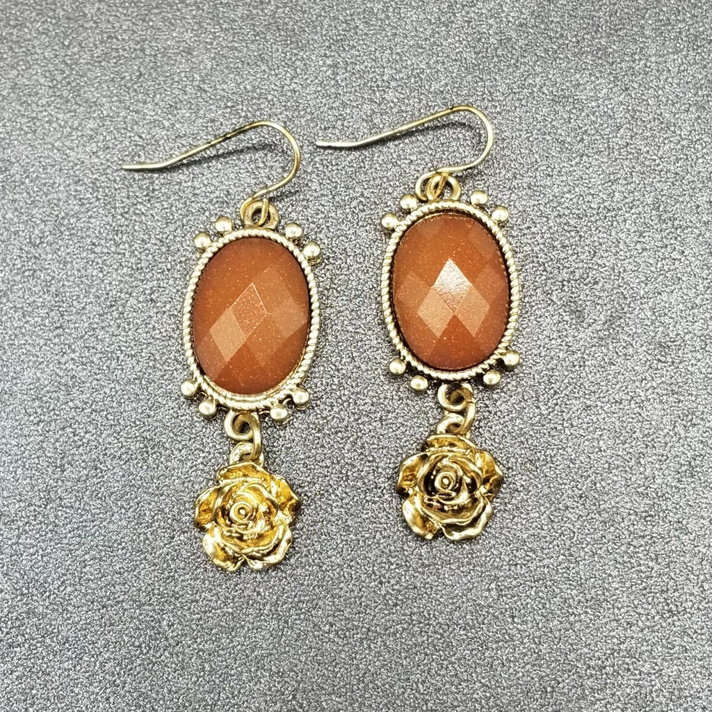 Pierced Earrings Gold tone Brown Sparkle Acrylic Flower Dangle 1 3/4"