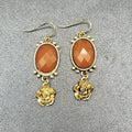 Pierced Earrings Gold tone Brown Sparkle Acrylic Flower Dangle 1 3/4"