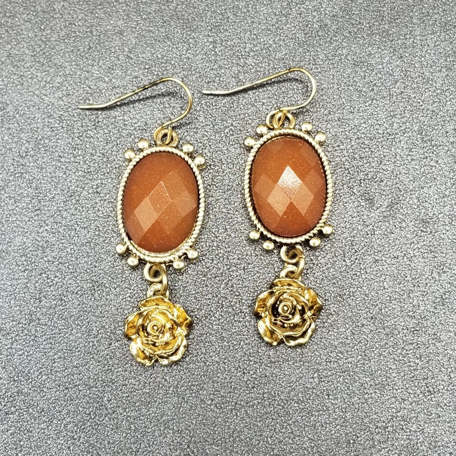 Pierced Earrings Gold tone Brown Sparkle Acrylic Flower Dangle 1 3/4"