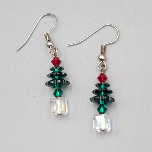 Crystal Stacked Bead Christmas Tree Pierced Earrings Silver tone Dangle 1 in