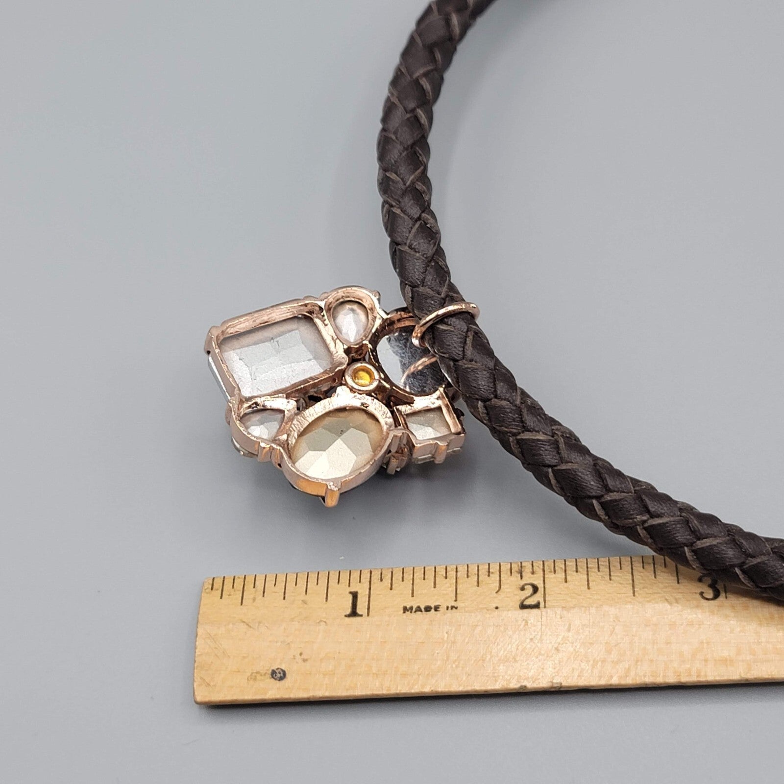Statement Signed Necklace Rhinestone Pendant Braided Leather Cord 18"-21"