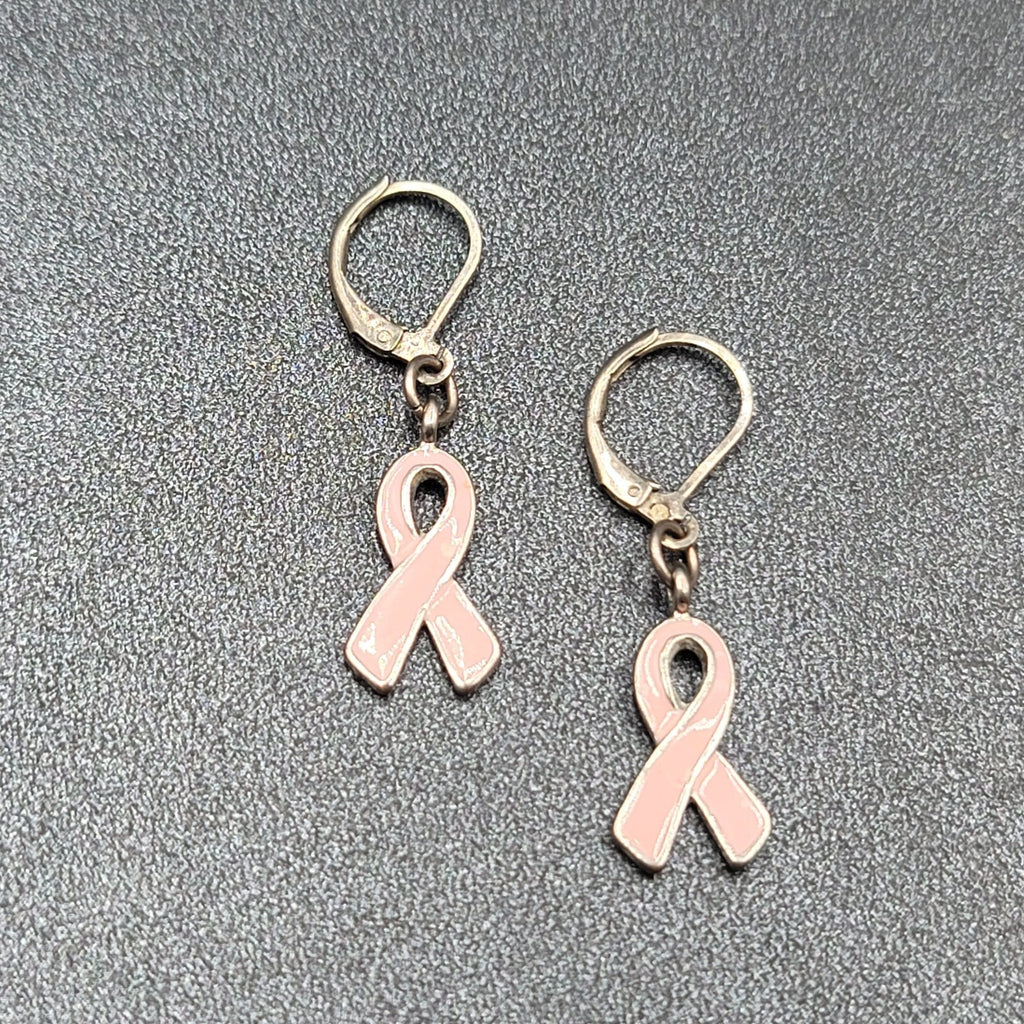 Pierced Earrings Silver tone Pink Enamel Breast Cancer Awareness Ribbon 3/4"