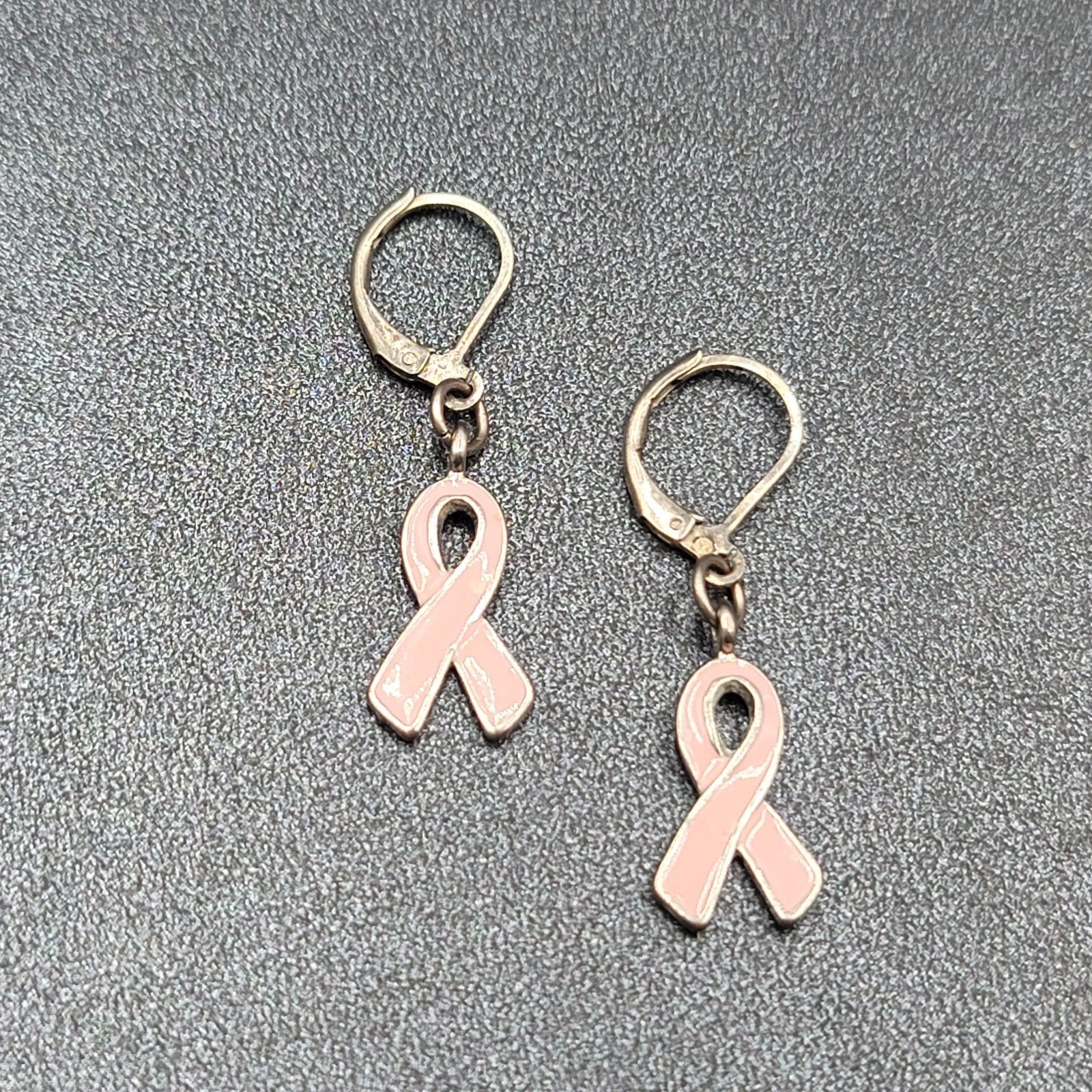 Pierced Earrings Silver tone Pink Enamel Breast Cancer Awareness Ribbon 3/4"