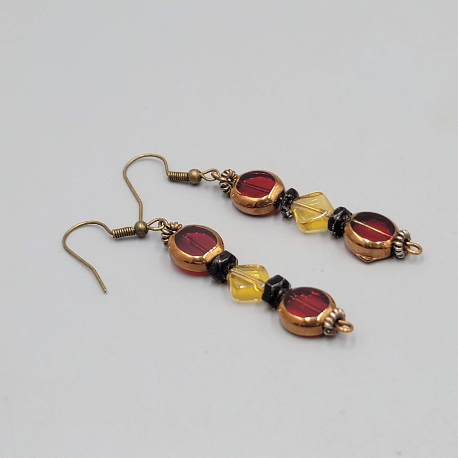 Red Yellow Glass Bead Pierced Earrings Bronze tone Dangle 1.75"