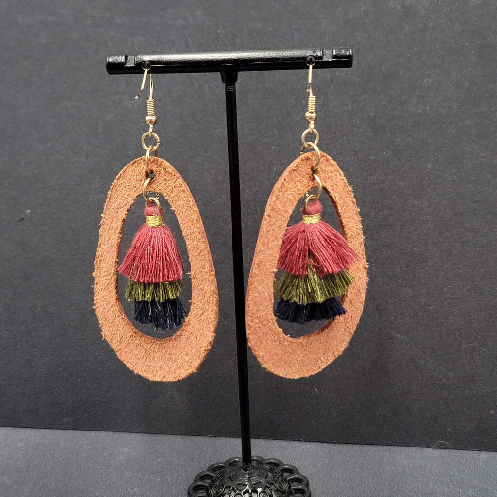 Pierced Earrings Dusty Rose Pink Leather Teardrop Tassel Boho Art  2.5"