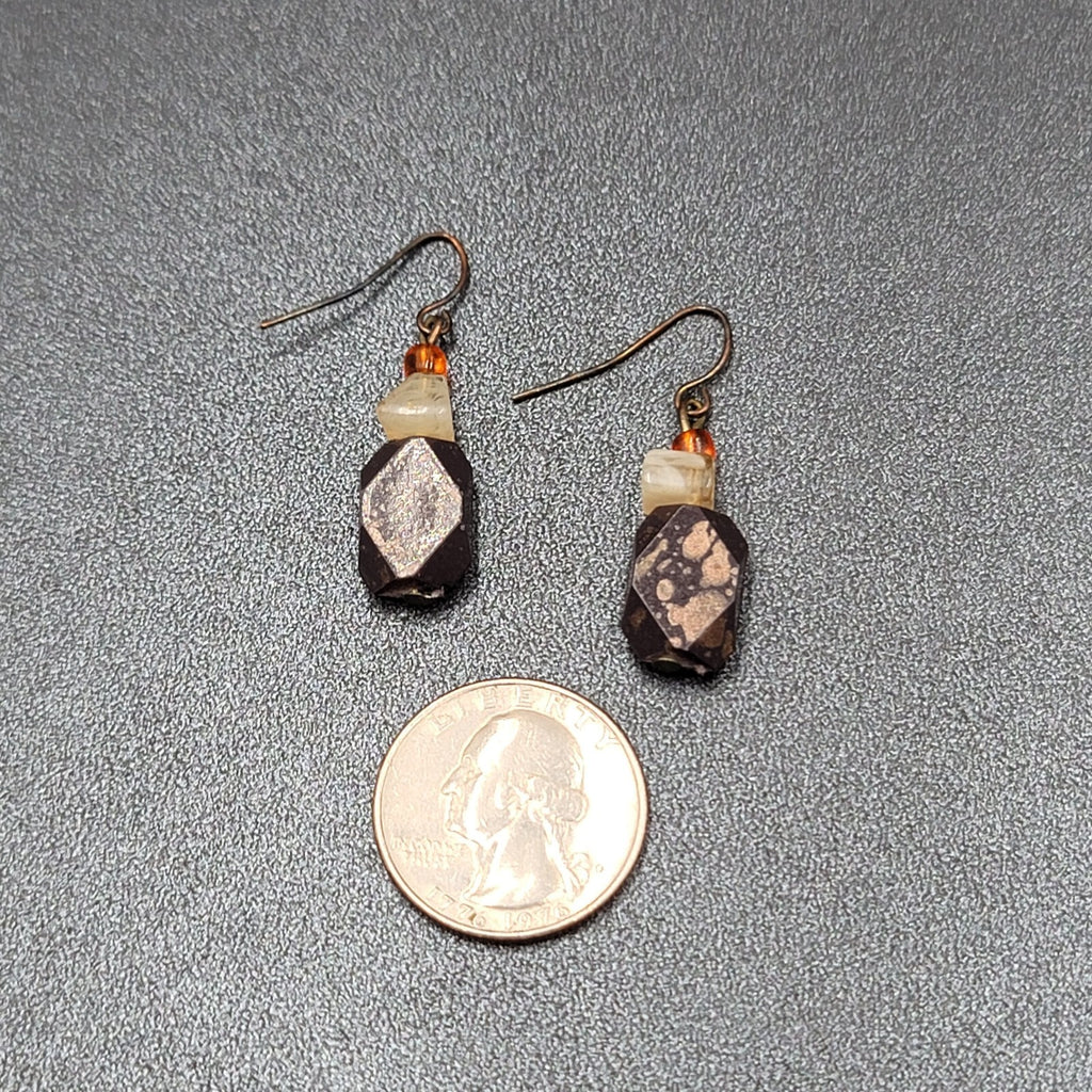 Pierced Earrings Bronze tone Acrylic Beads Natural Fall tones 1 1/8"