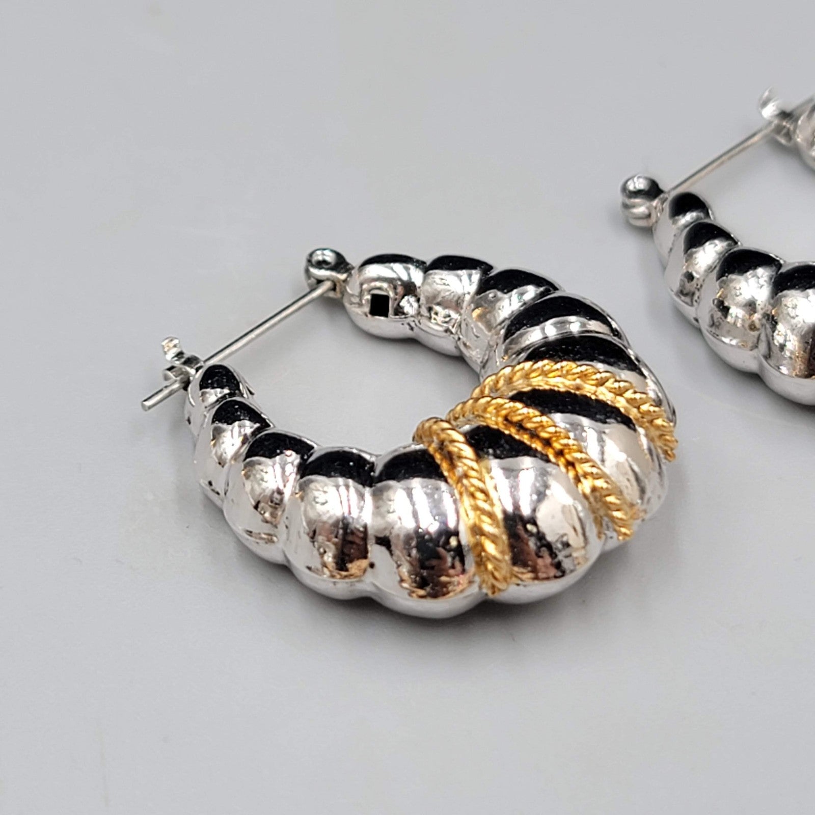 Puffy Hoop Pierced Earrings Gold tone Twisted Rope Detail Silver tone 1"