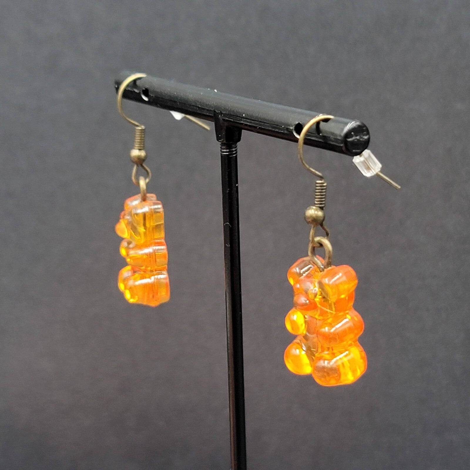 New Orange Gummy Bear Pierced Earrings Bronze tone Hooks Dangle 3/4"