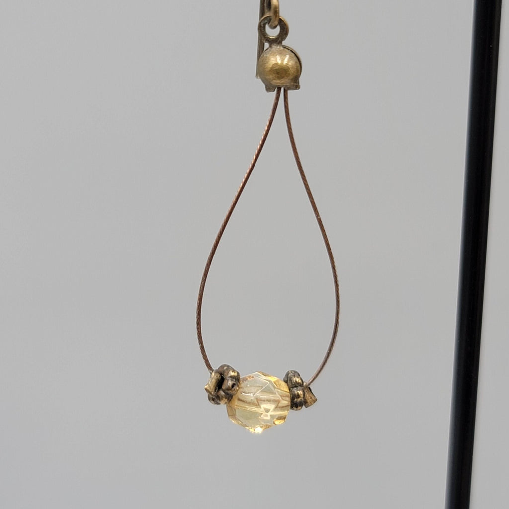 Pierced Earrings Bronze tone Teardrop Wire Yellow Glass Bead Dangle 1.5"