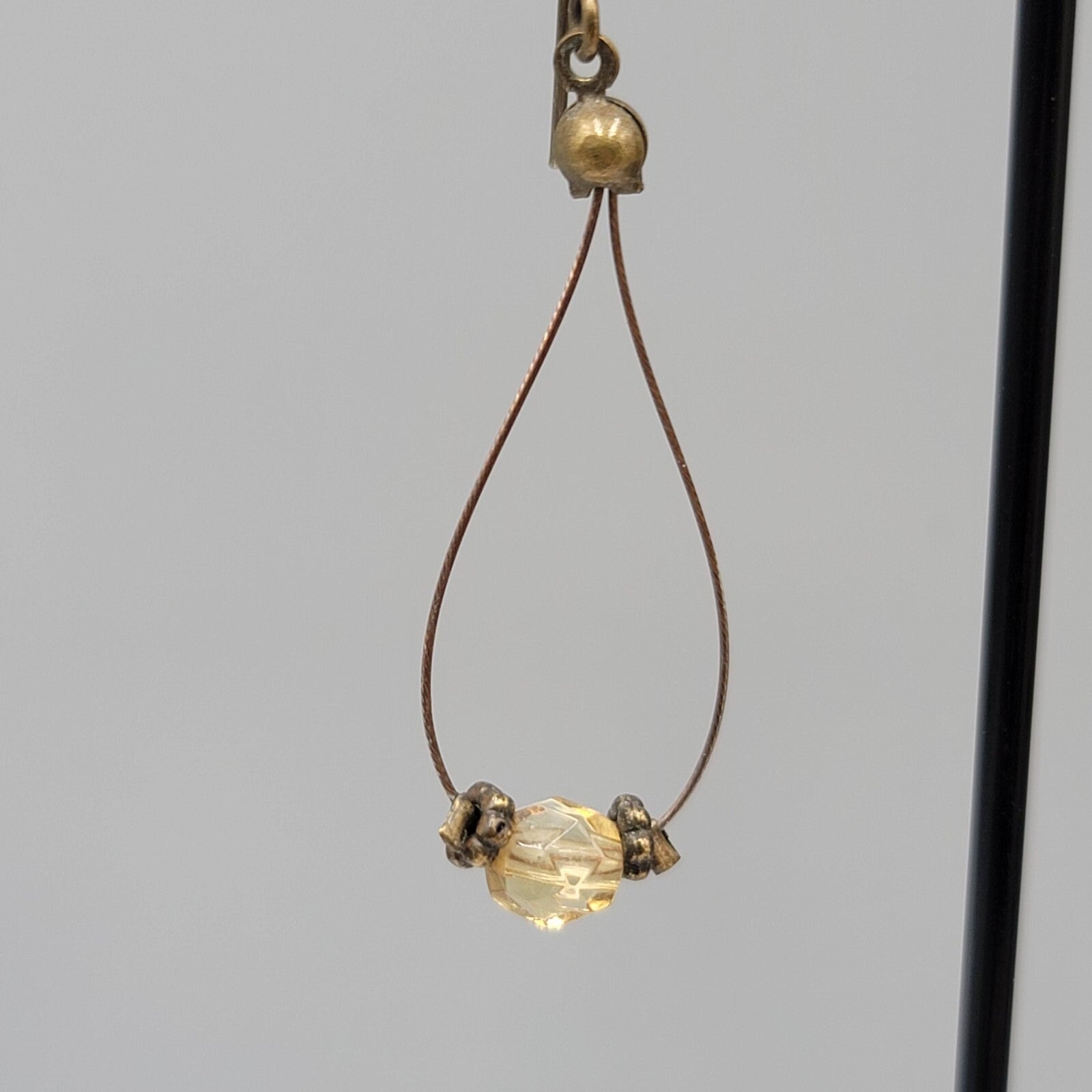 Pierced Earrings Bronze tone Teardrop Wire Yellow Glass Bead Dangle 1.5"