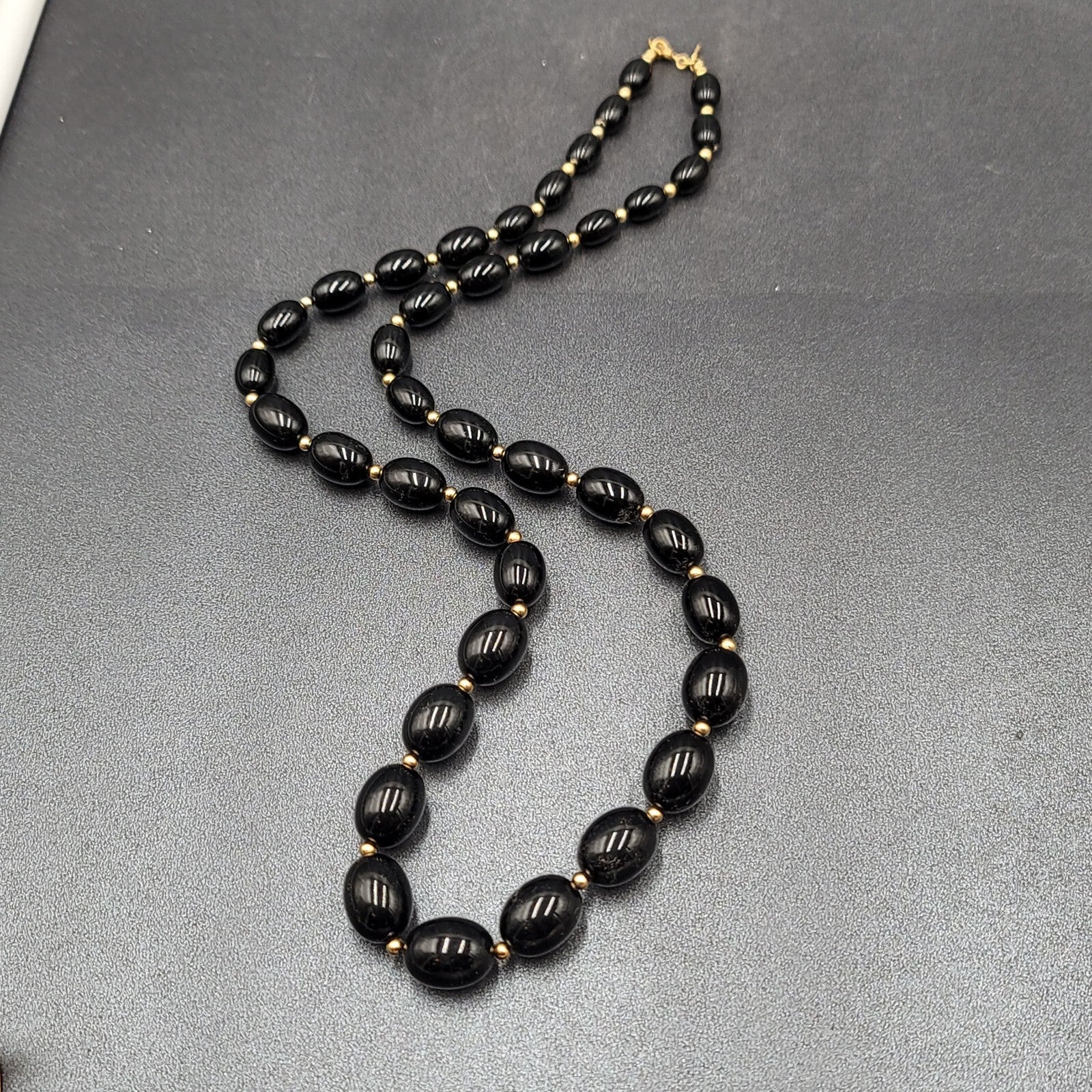 Vintage MONET Necklace Black Graduated Bead Gold tone Estate Jewelry 28"