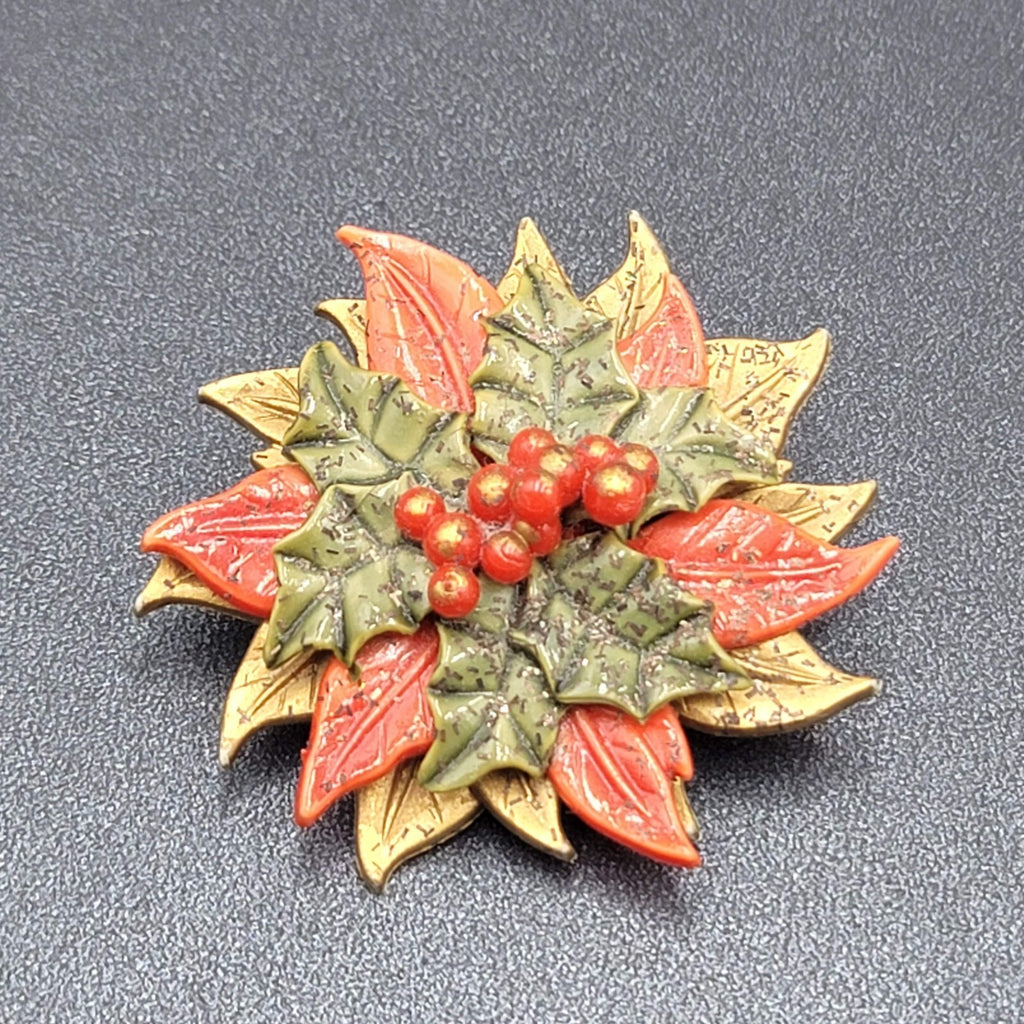Vintage Clip on Earrings Brooch Set Christmas Poinsettia Plastic Costume Jewelry