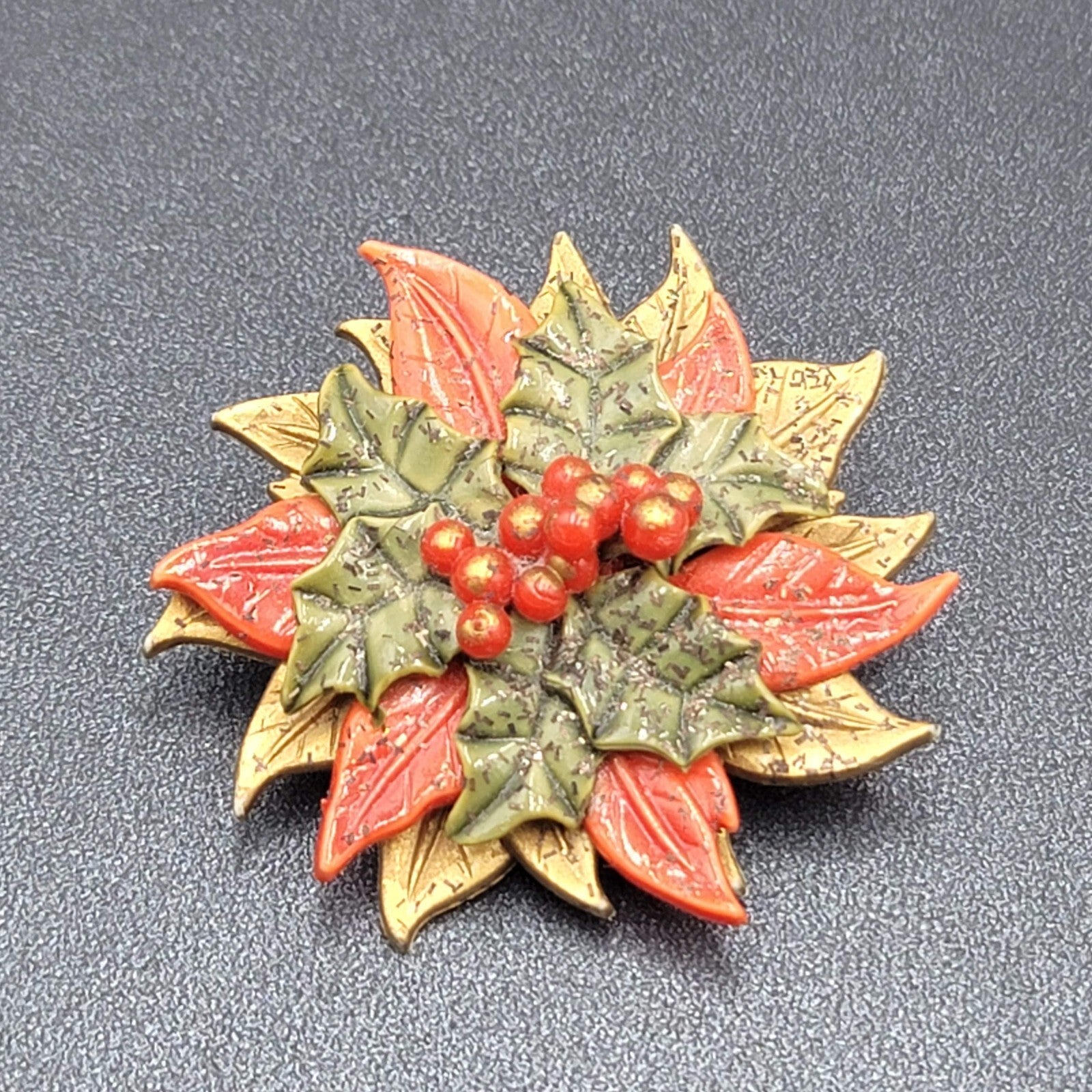 Vintage Clip on Earrings Brooch Set Christmas Poinsettia Plastic Costume Jewelry