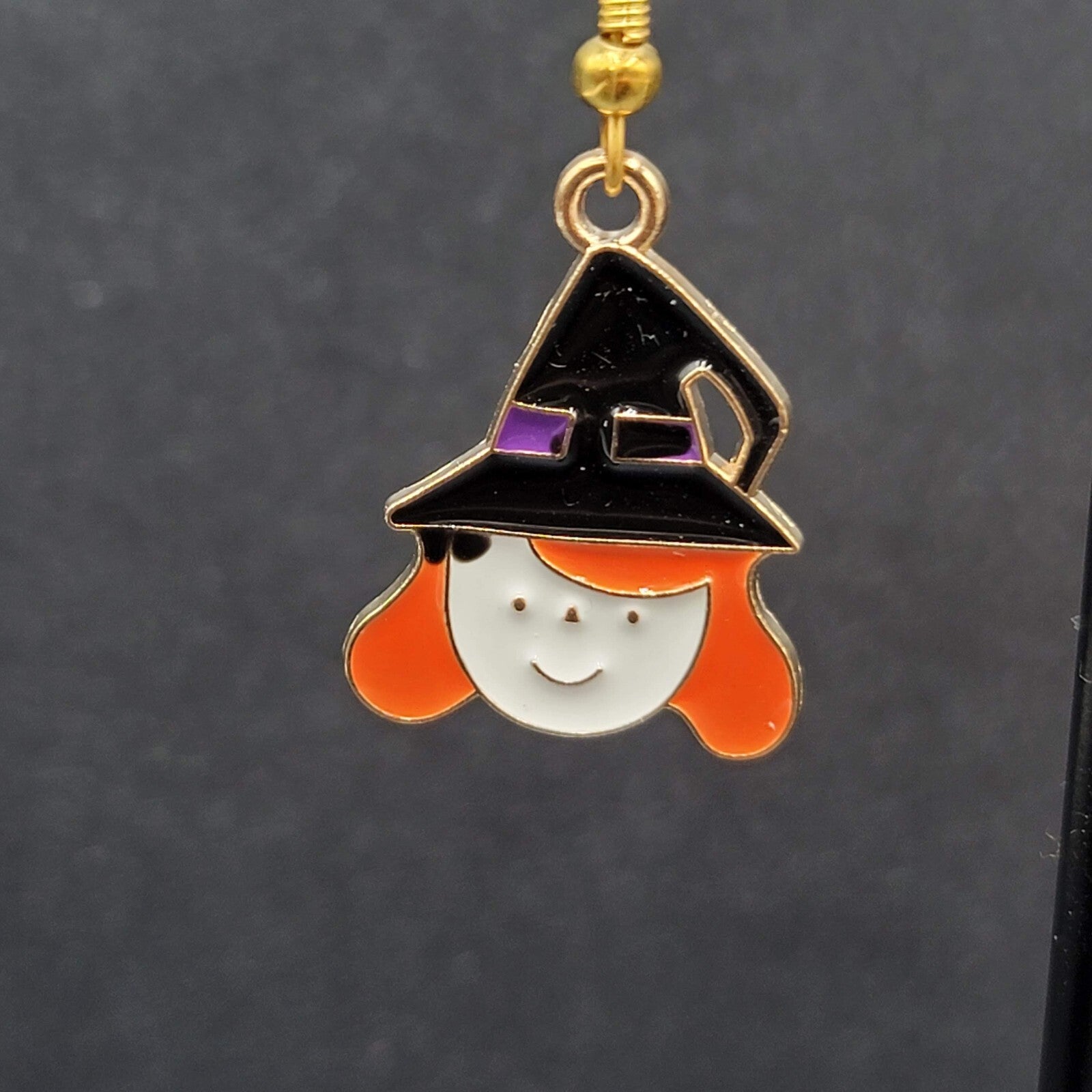 Cute Witch Halloween Pierced Earrings Gold tone Enamel Dangle 1"